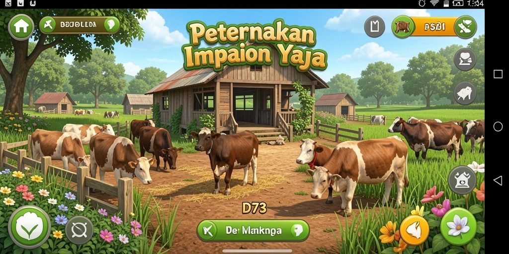 Screenshot gameplay D73 menunjukkan suasana pertanian yang cerah dan aktif.