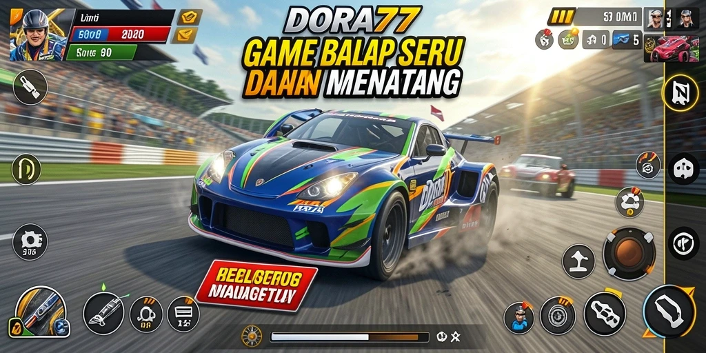 Screenshot utama DORA77 menampilkan pemain dalam balapan seru dengan mobil bertenaga.