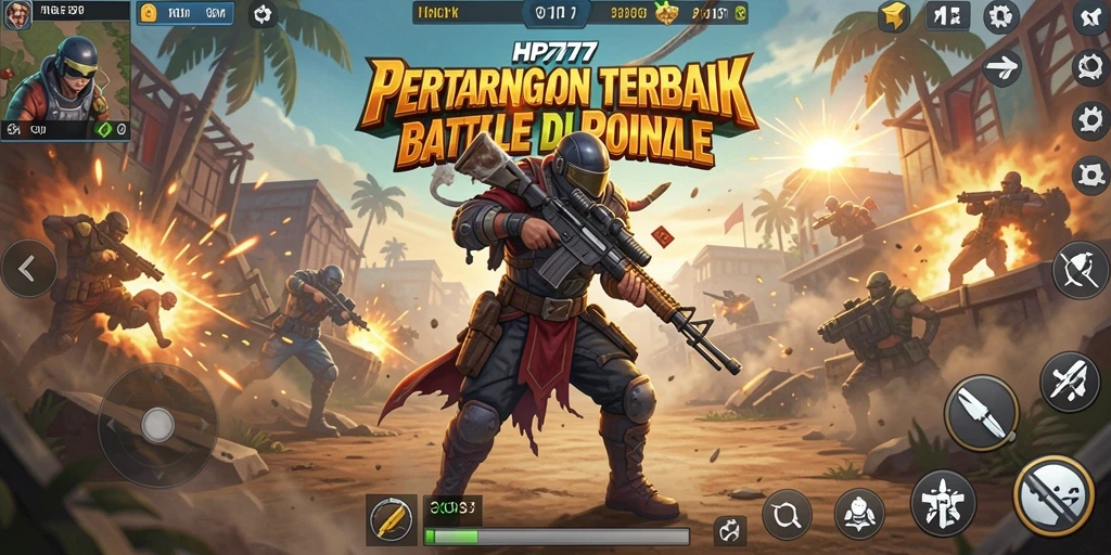 Tangkapan layar gameplay HP777 yang intens dalam pertempuran Battle Royale.