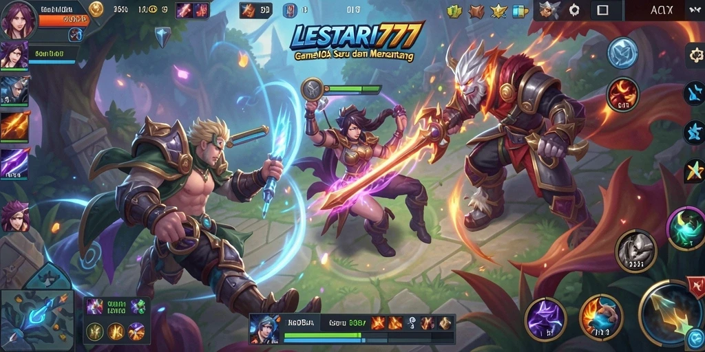Tampilan gameplay menarik dari LESTARI777 dengan strategi tim MOBA.