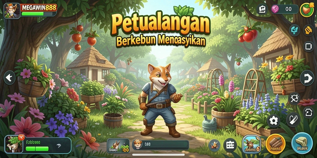 Tampilan gameplay MEGAWIN888 dengan aktivitas berkebun yang seru.
