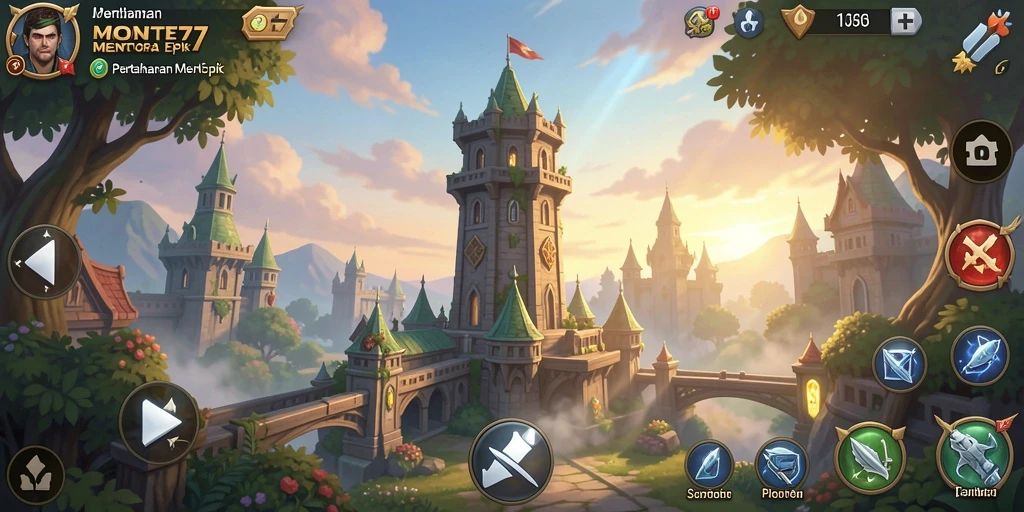 Tangkapan layar menunjukkan gameplay menara pertahanan yang intens.